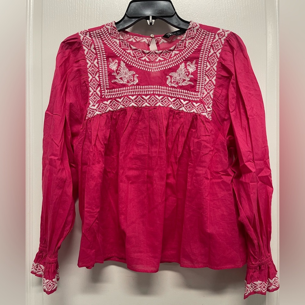 Zara Fuchsia Embroidered Blouse- Size S